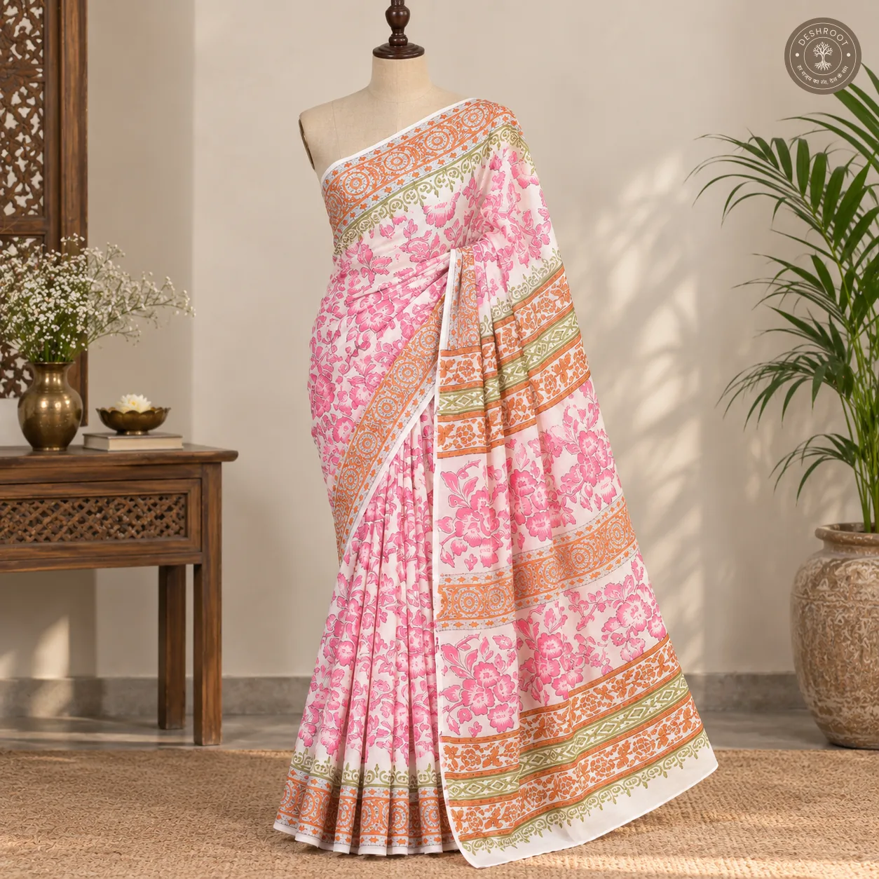 Gulabi Bagh Pink Floral Hand Block Printed Mal Cotton Saree
