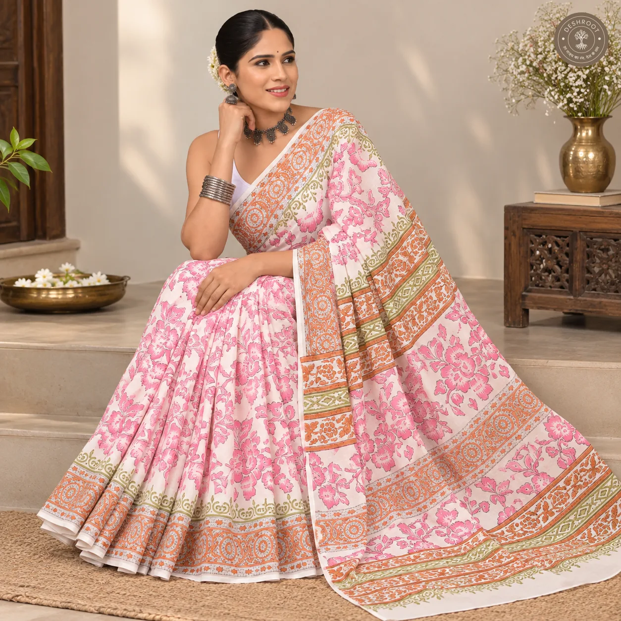 Gulabi Bagh Pink Floral Hand Block Printed Mal Cotton Saree
