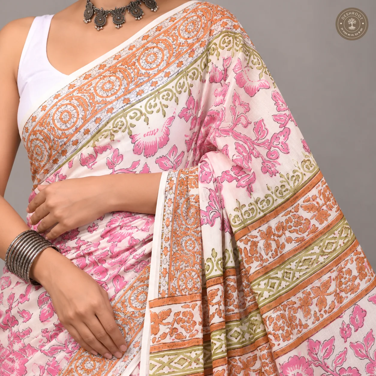 Gulabi Bagh Pink Floral Hand Block Printed Mal Cotton Saree