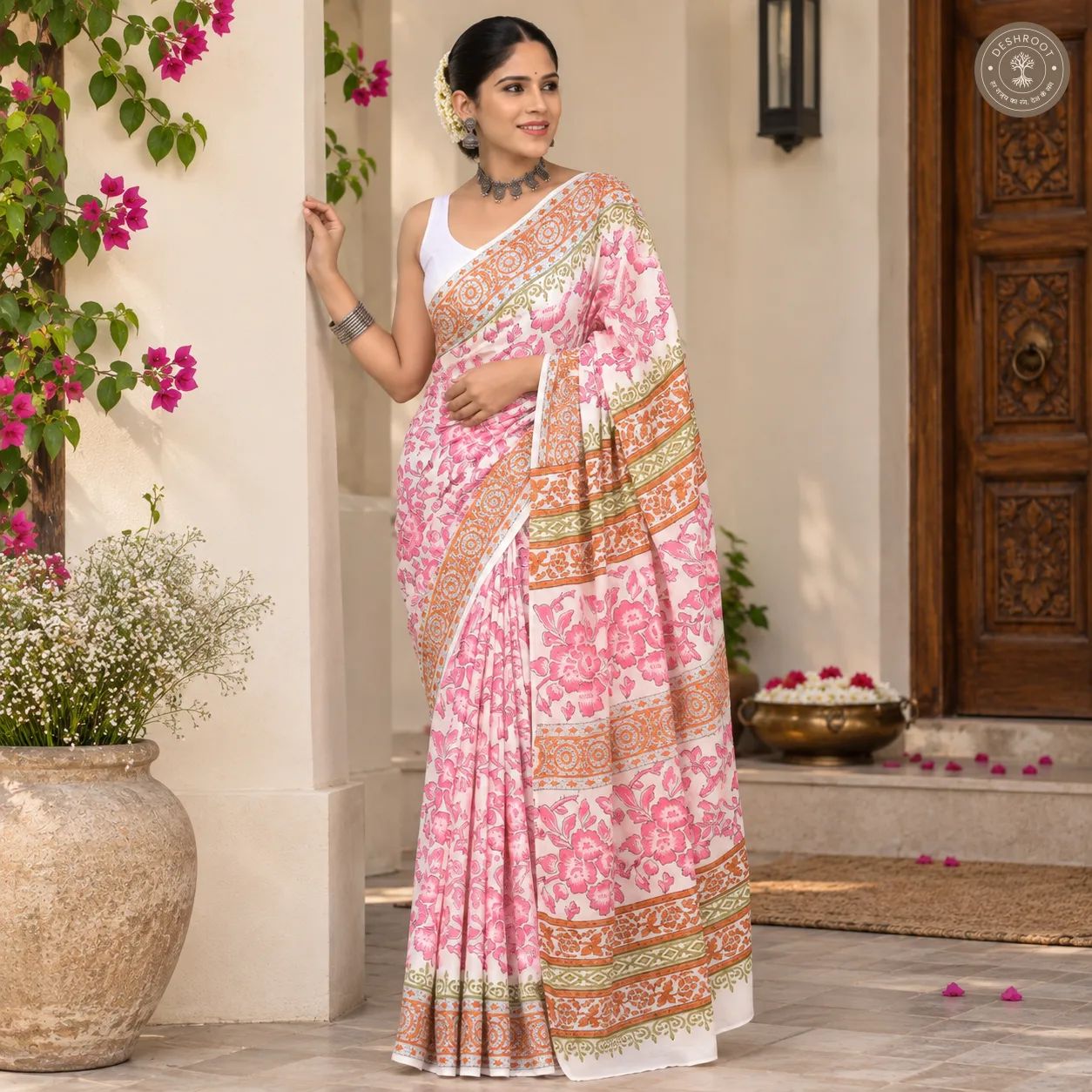 Gulabi Bagh Pink Floral Hand Block Printed Mal Cotton Saree