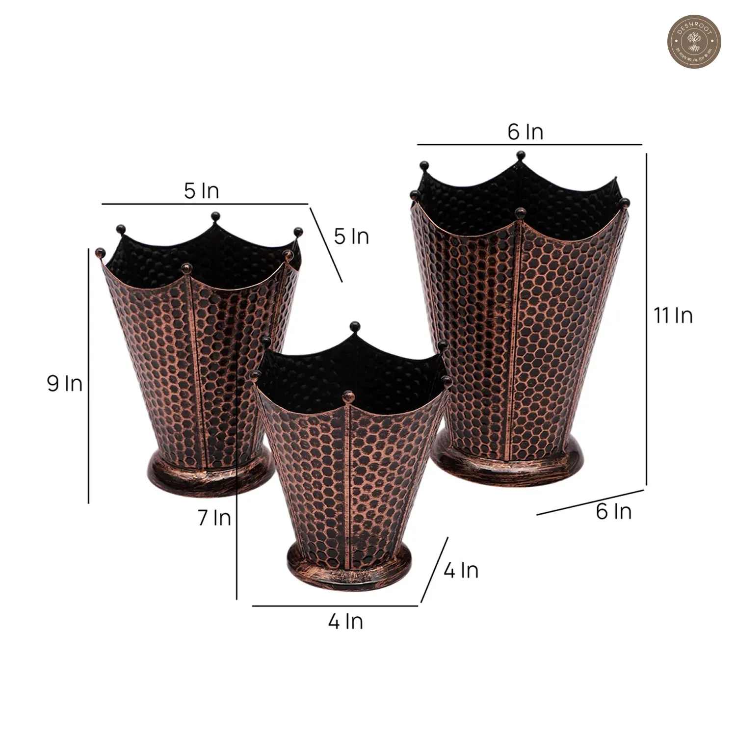 Copper Flower Pot SHape Planter Set of 3