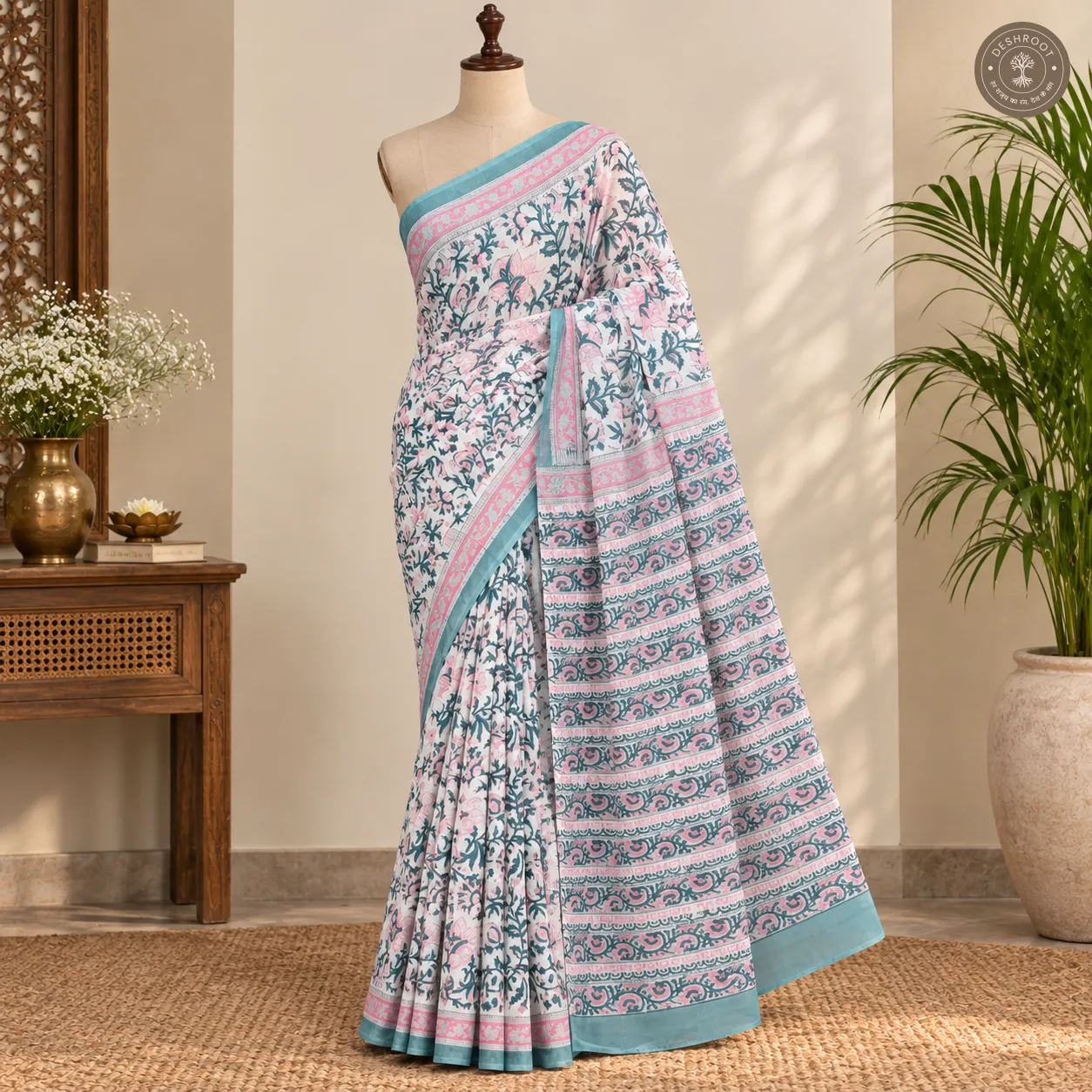 Blush Pink & Teal Floral Hand Block Printed Mal Cotton Saree