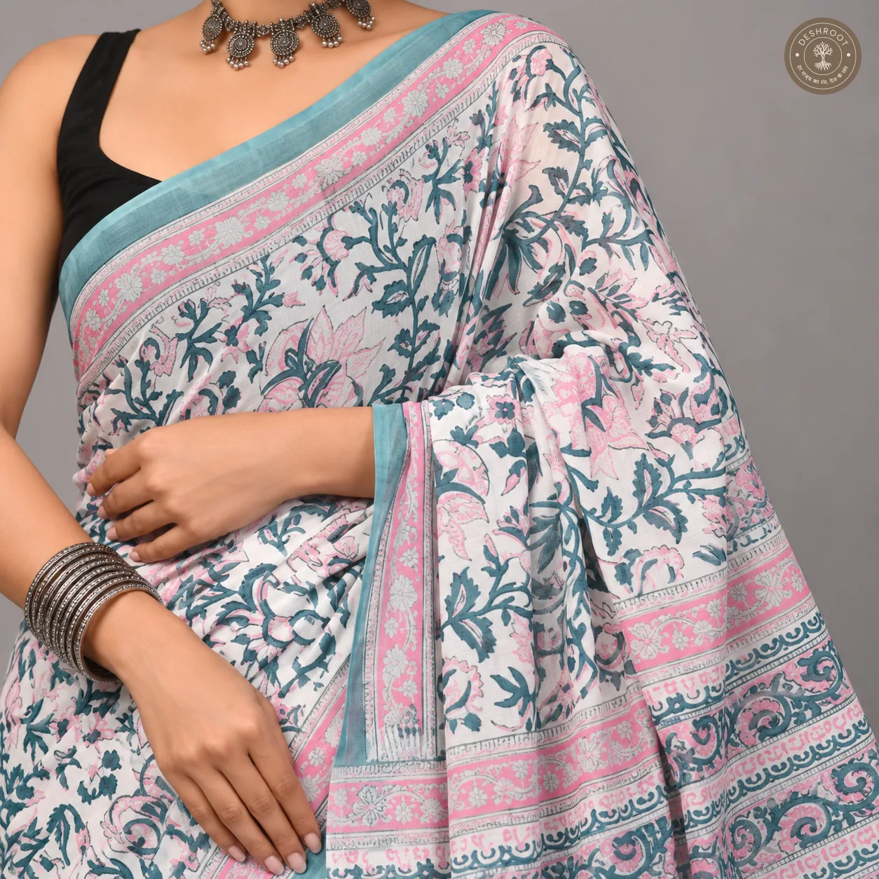 Blush Pink & Teal Floral Hand Block Printed Mal Cotton Saree