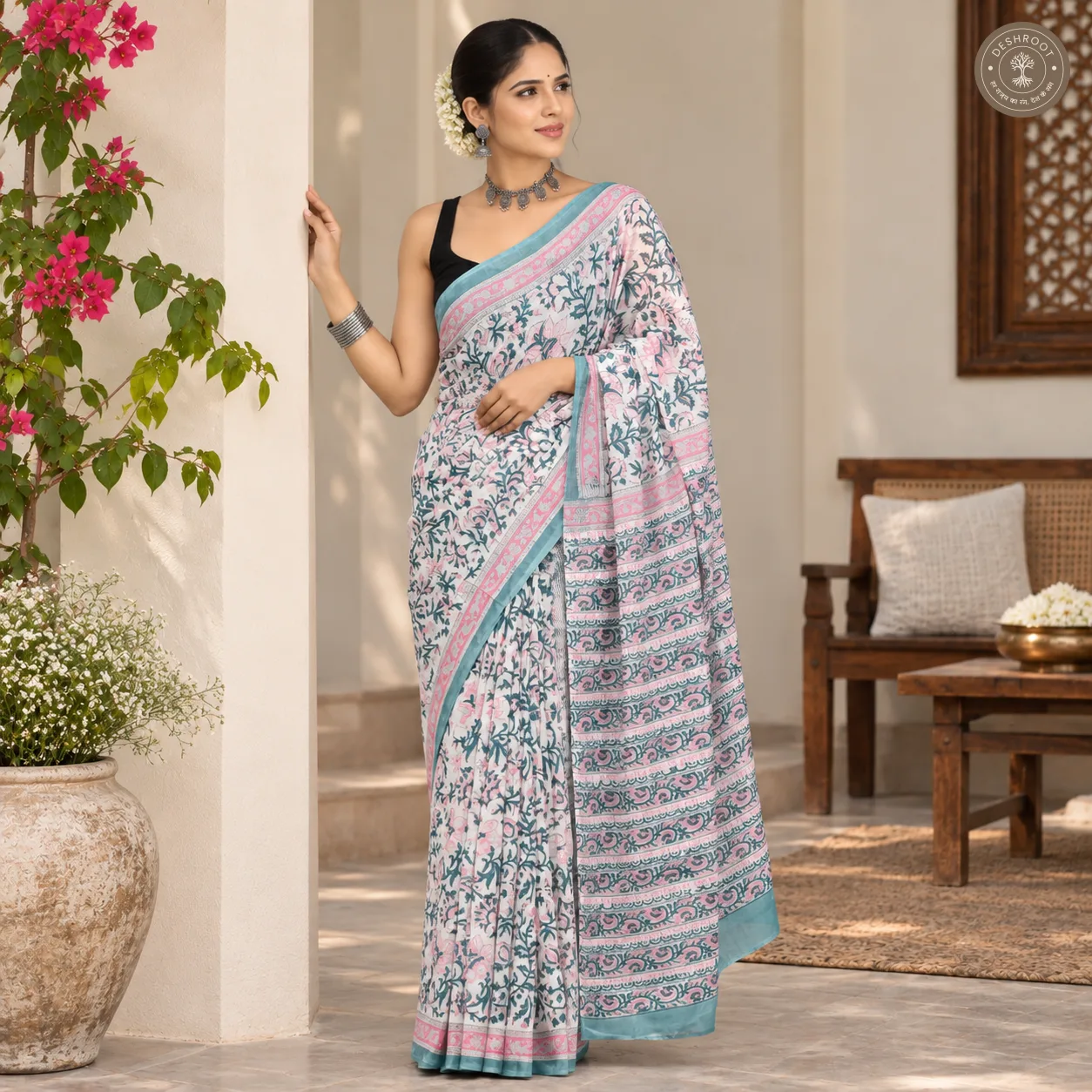 Blush Pink & Teal Floral Hand Block Printed Mal Cotton Saree