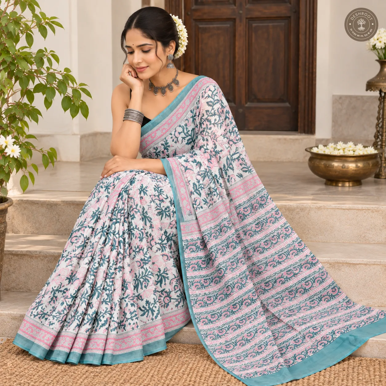 Blush Pink & Teal Floral Hand Block Printed Mal Cotton Saree