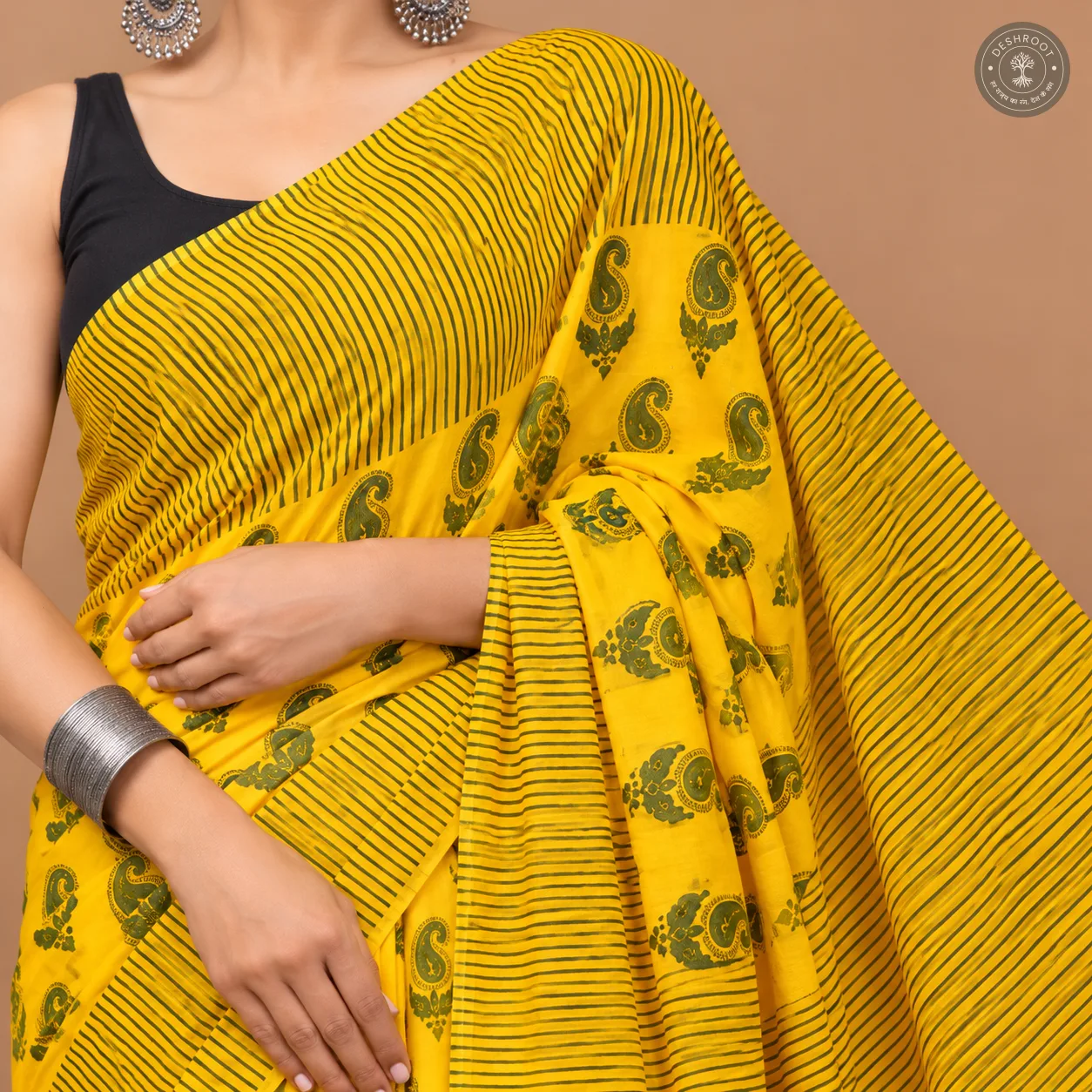 Sunheri Paisley Yellow Hand Block Printed Mal Cotton Saree