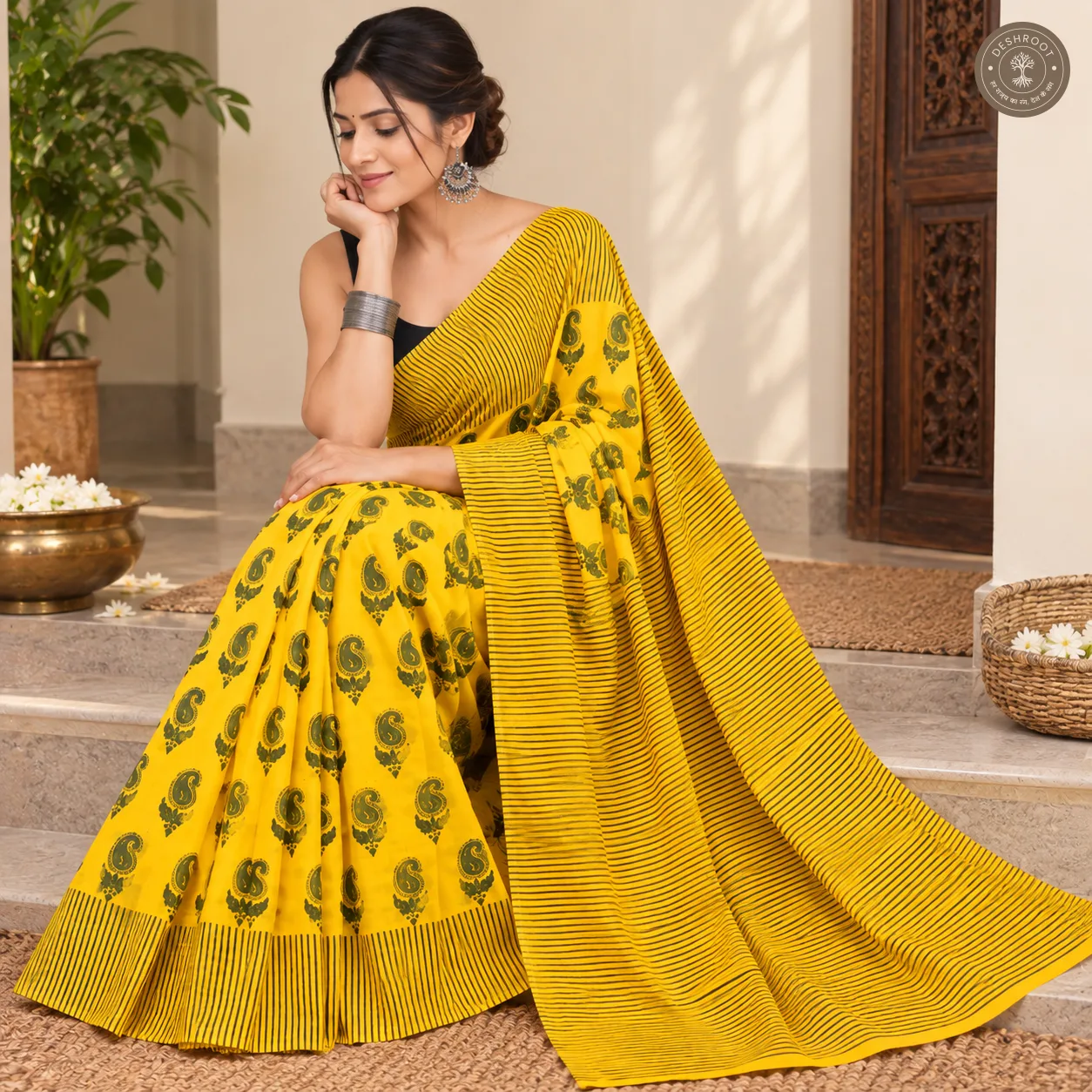 Sunheri Paisley Yellow Hand Block Printed Mal Cotton Saree