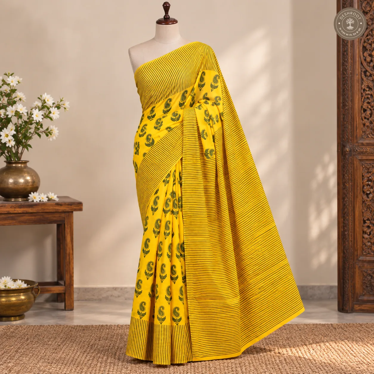 Sunheri Paisley Yellow Hand Block Printed Mal Cotton Saree