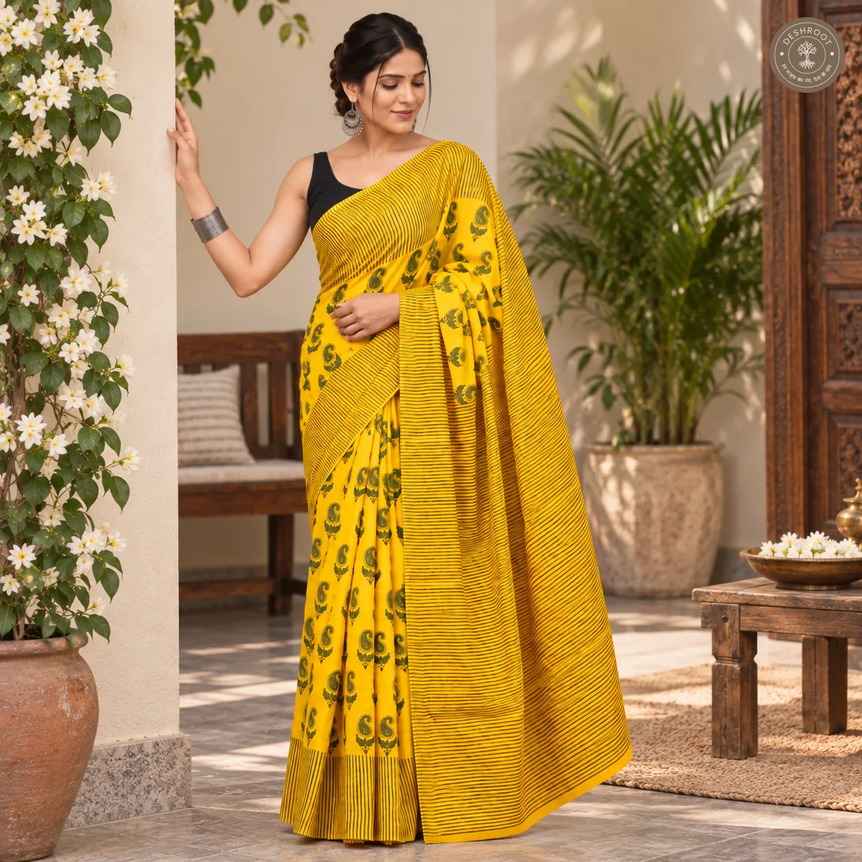 Sunheri Paisley Yellow Hand Block Printed Mal Cotton Saree
