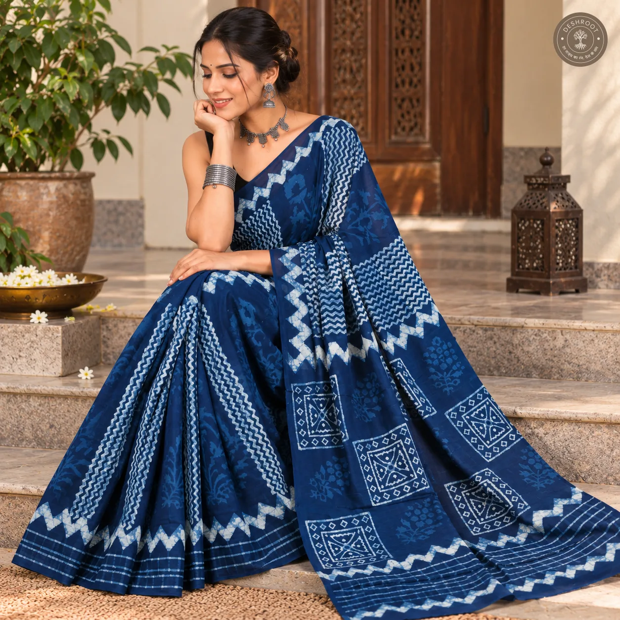 Indigo Mosaic Hand Block Printed Mal Cotton Saree