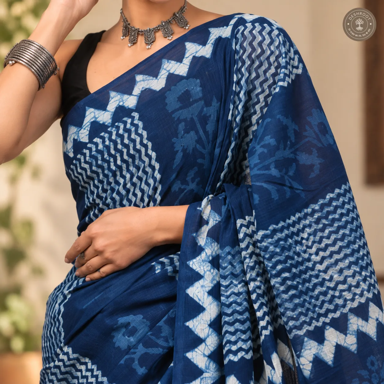 Indigo Mosaic Hand Block Printed Mal Cotton Saree