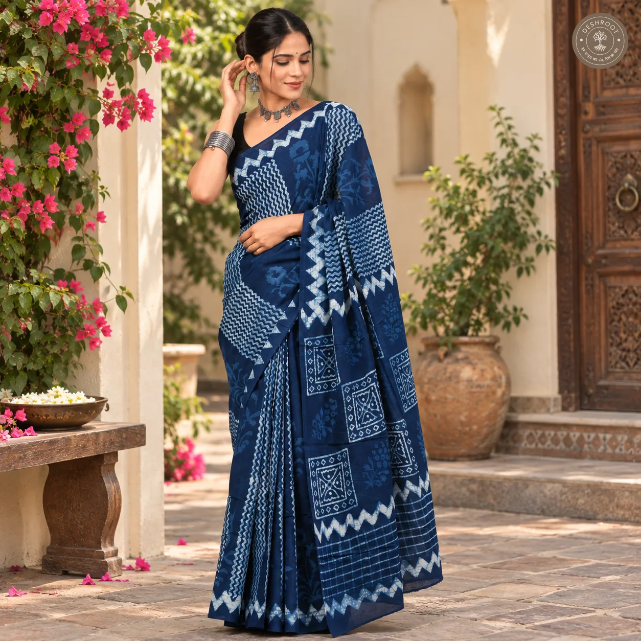 Indigo Mosaic Hand Block Printed Mal Cotton Saree