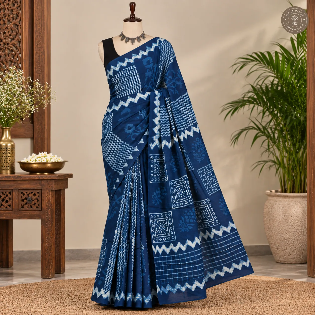 Indigo Mosaic Hand Block Printed Mal Cotton Saree