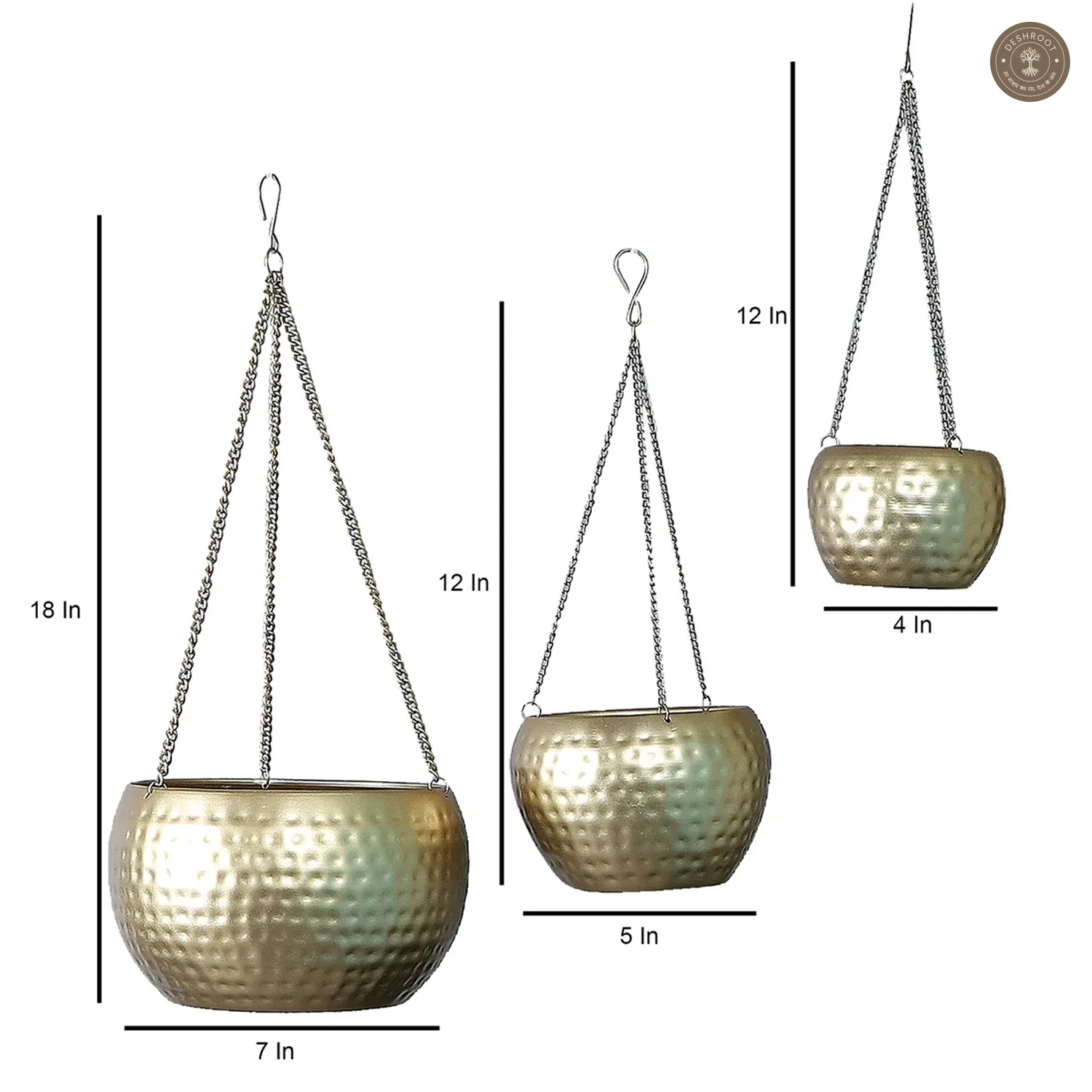 Hanging Gold Hammered Apple Planter Set of 3