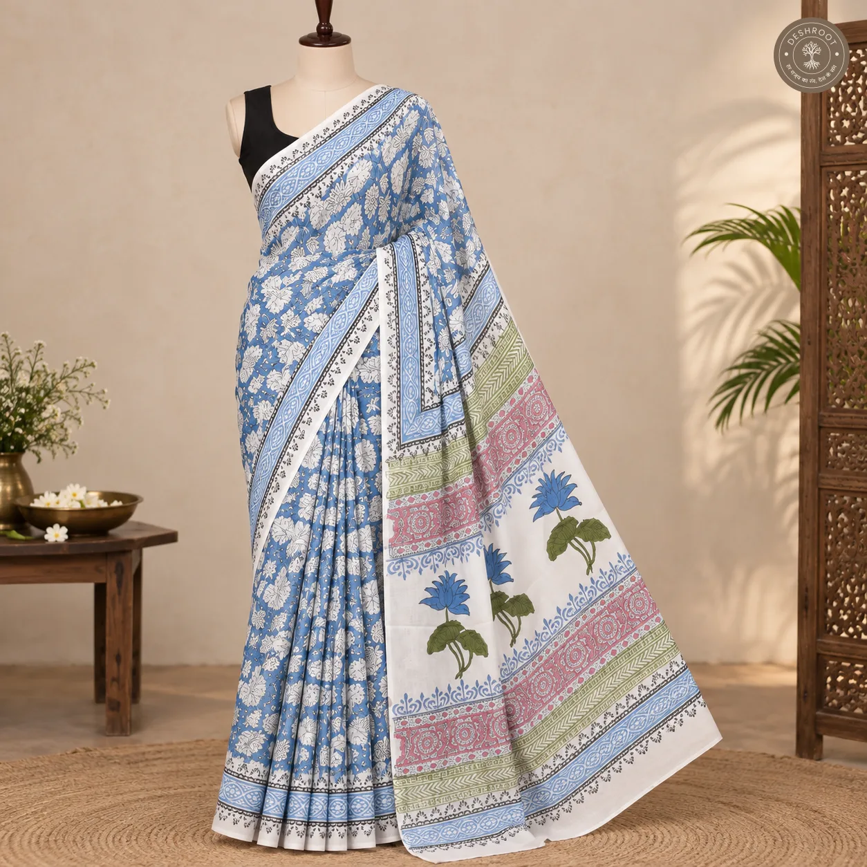 Neel Kamal Floral Hand Block Printed Mal Cotton Saree