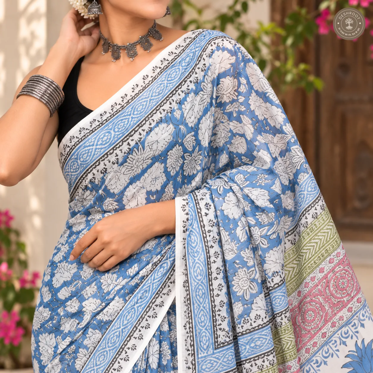 Neel Kamal Floral Hand Block Printed Mal Cotton Saree
