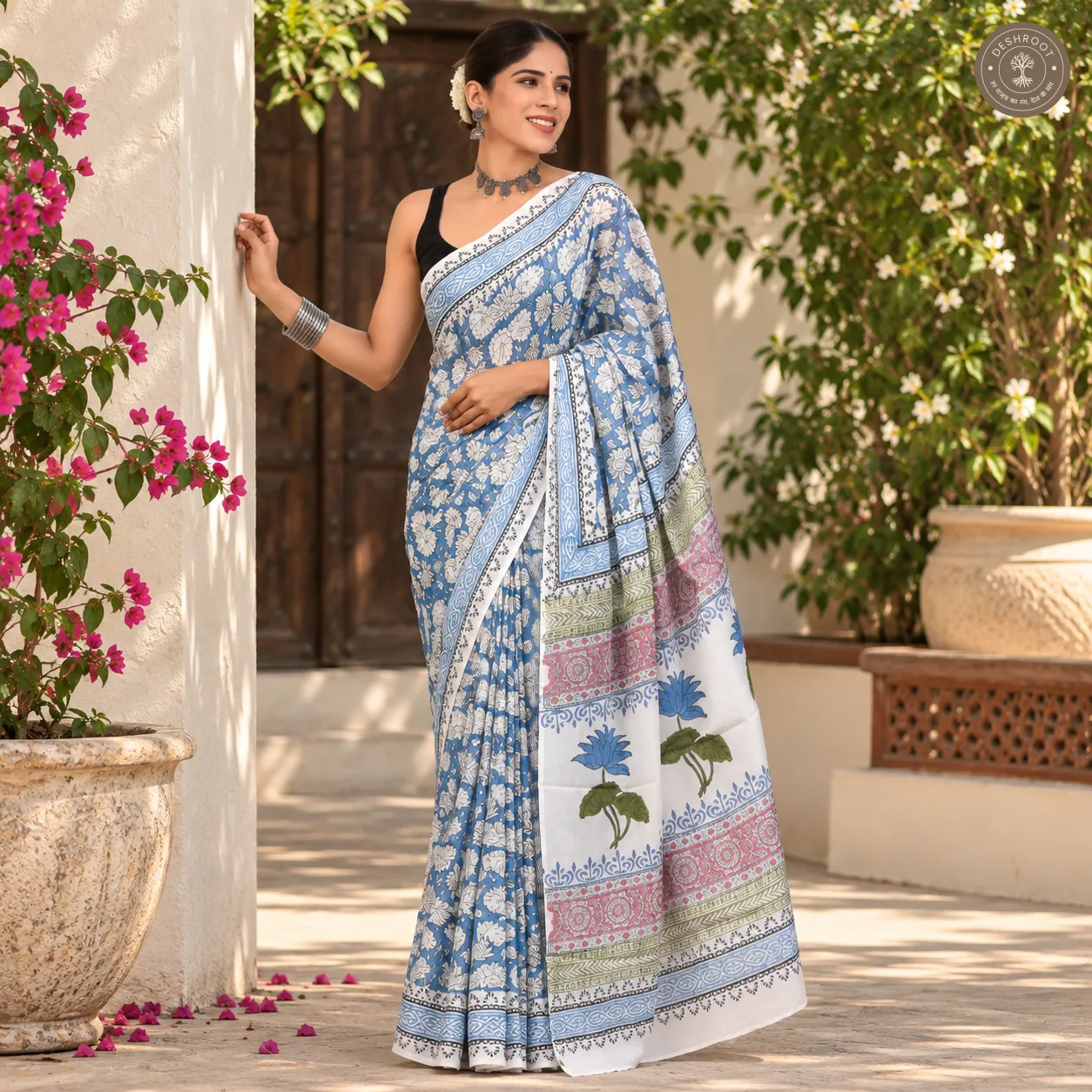 Neel Kamal Floral Hand Block Printed Mal Cotton Saree