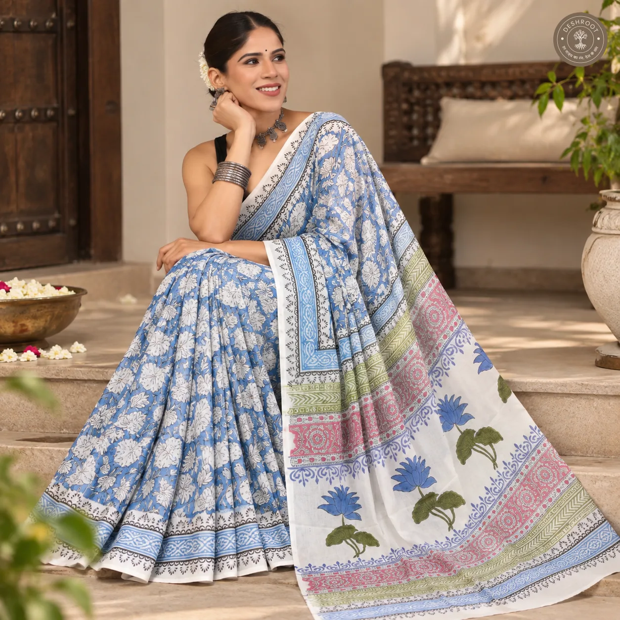 Neel Kamal Floral Hand Block Printed Mal Cotton Saree