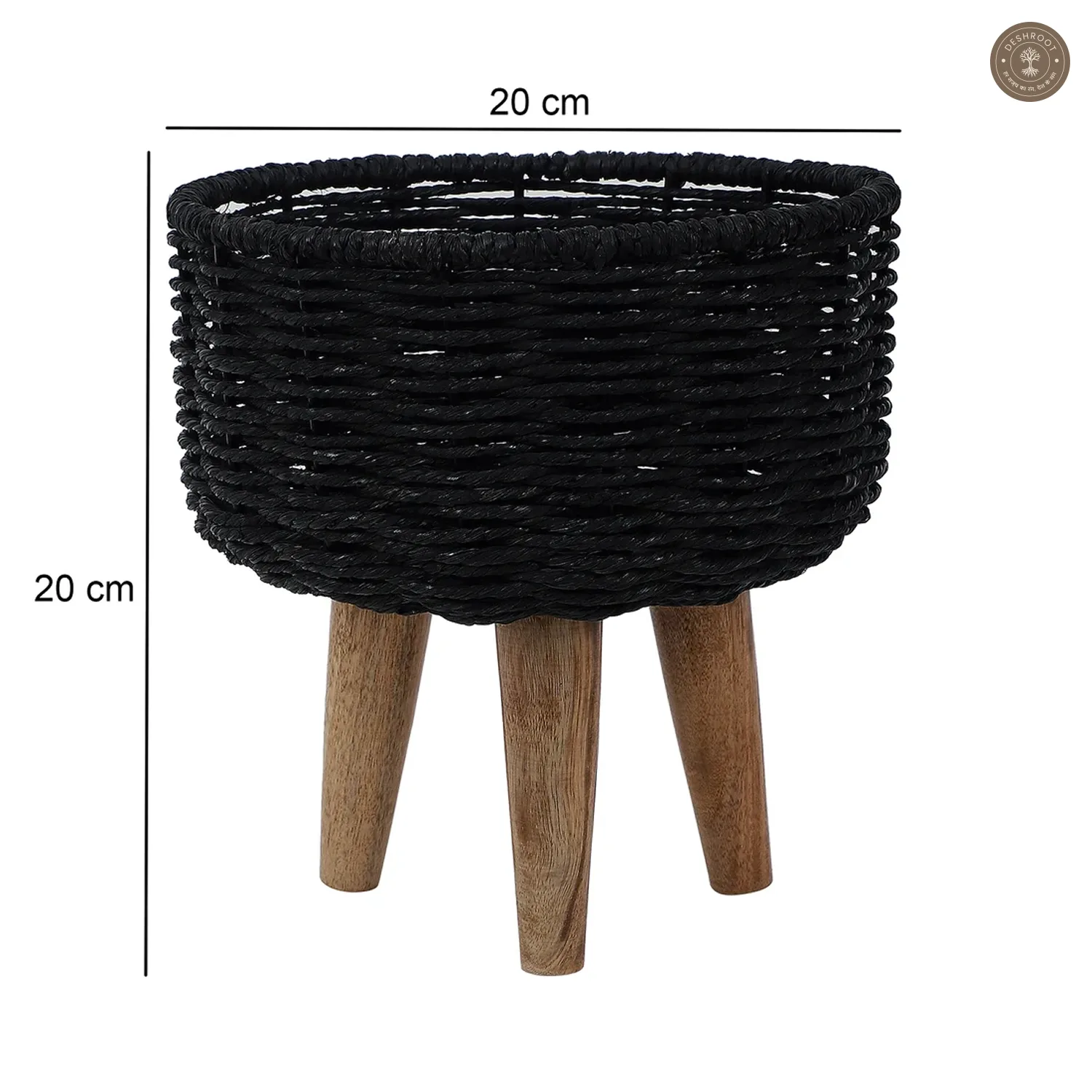 Jute & Metal Black Planter Set with Wooden Legs Set of 3