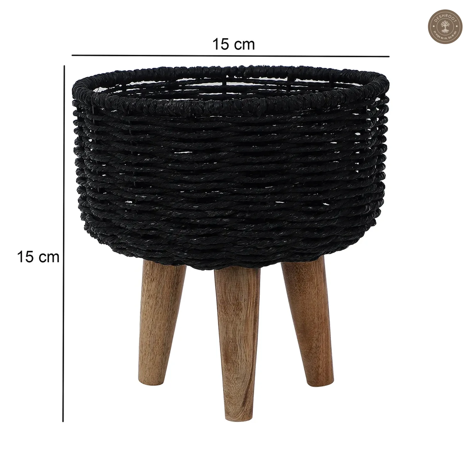 Jute & Metal Black Planter Set with Wooden Legs Set of 3