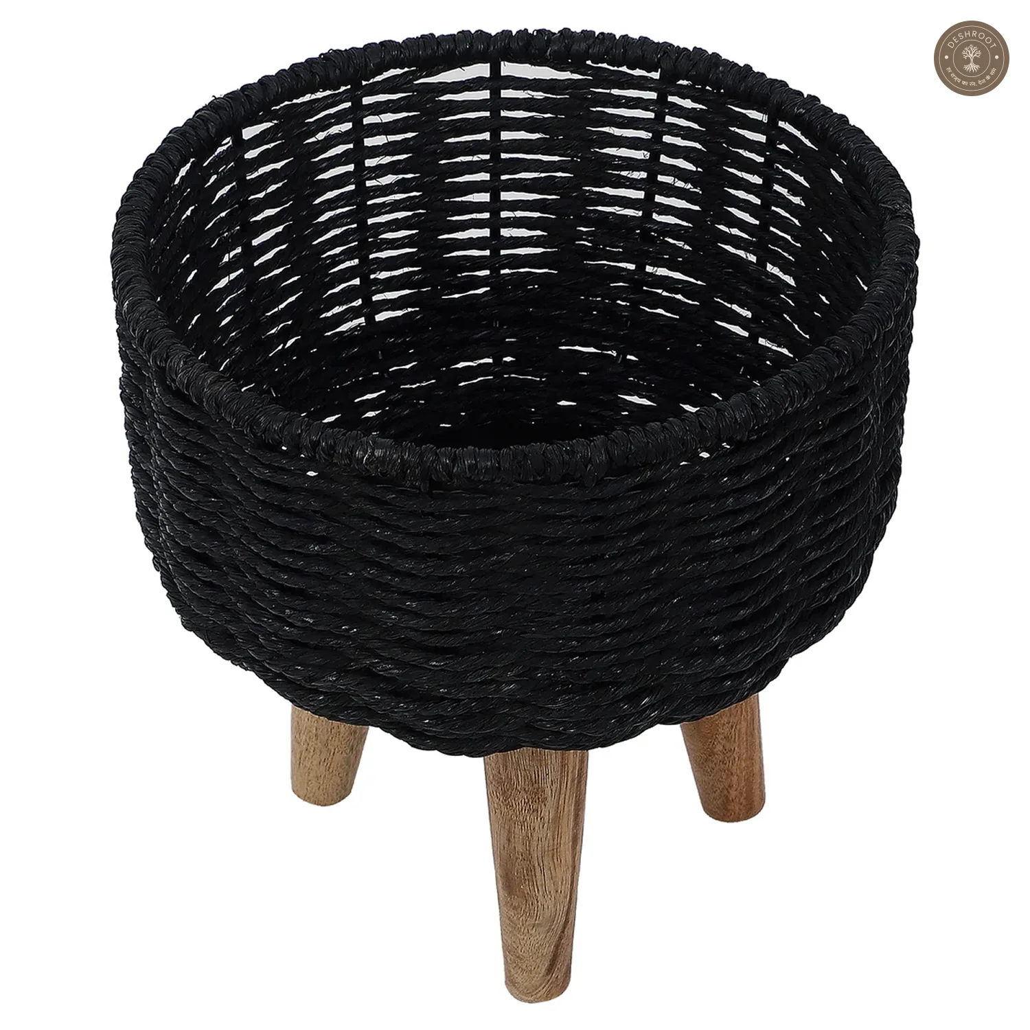 Jute & Metal Black Planter Set with Wooden Legs Set of 3