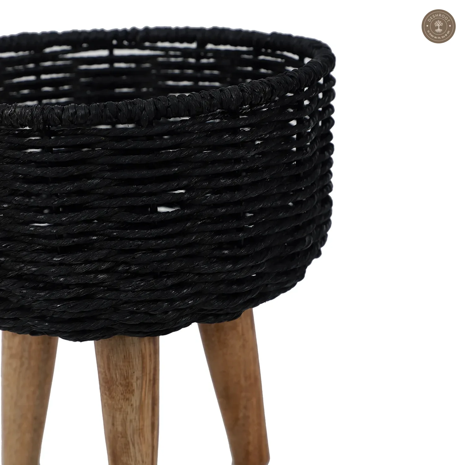 Jute & Metal Black Planter Set with Wooden Legs Set of 3