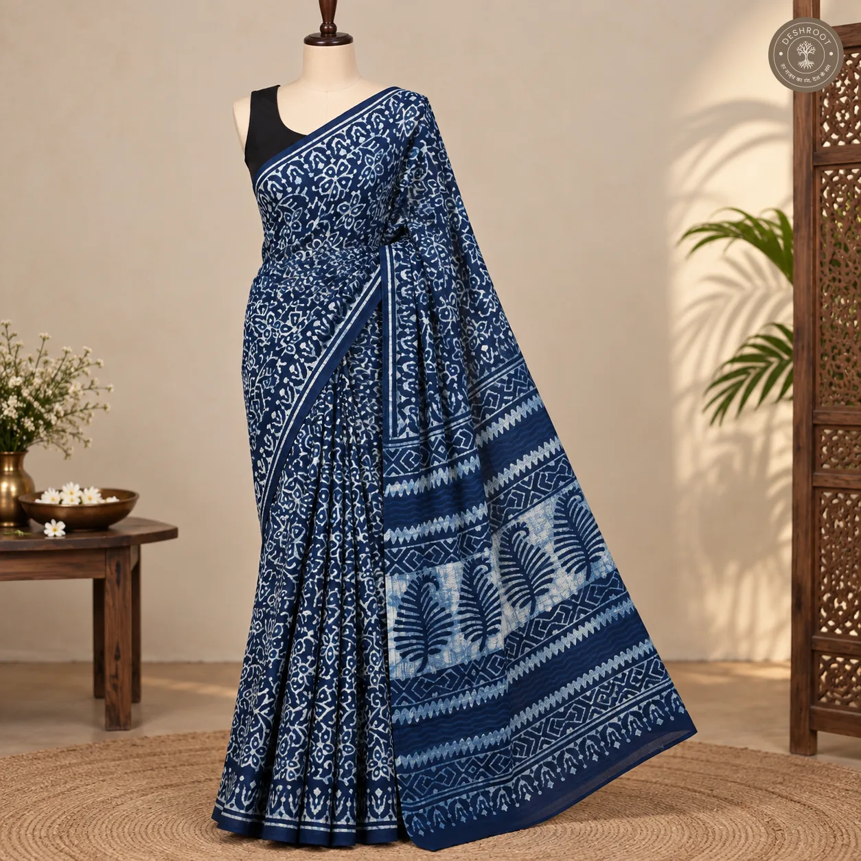 Indigo Vine Hand Block Printed Mal Cotton Saree