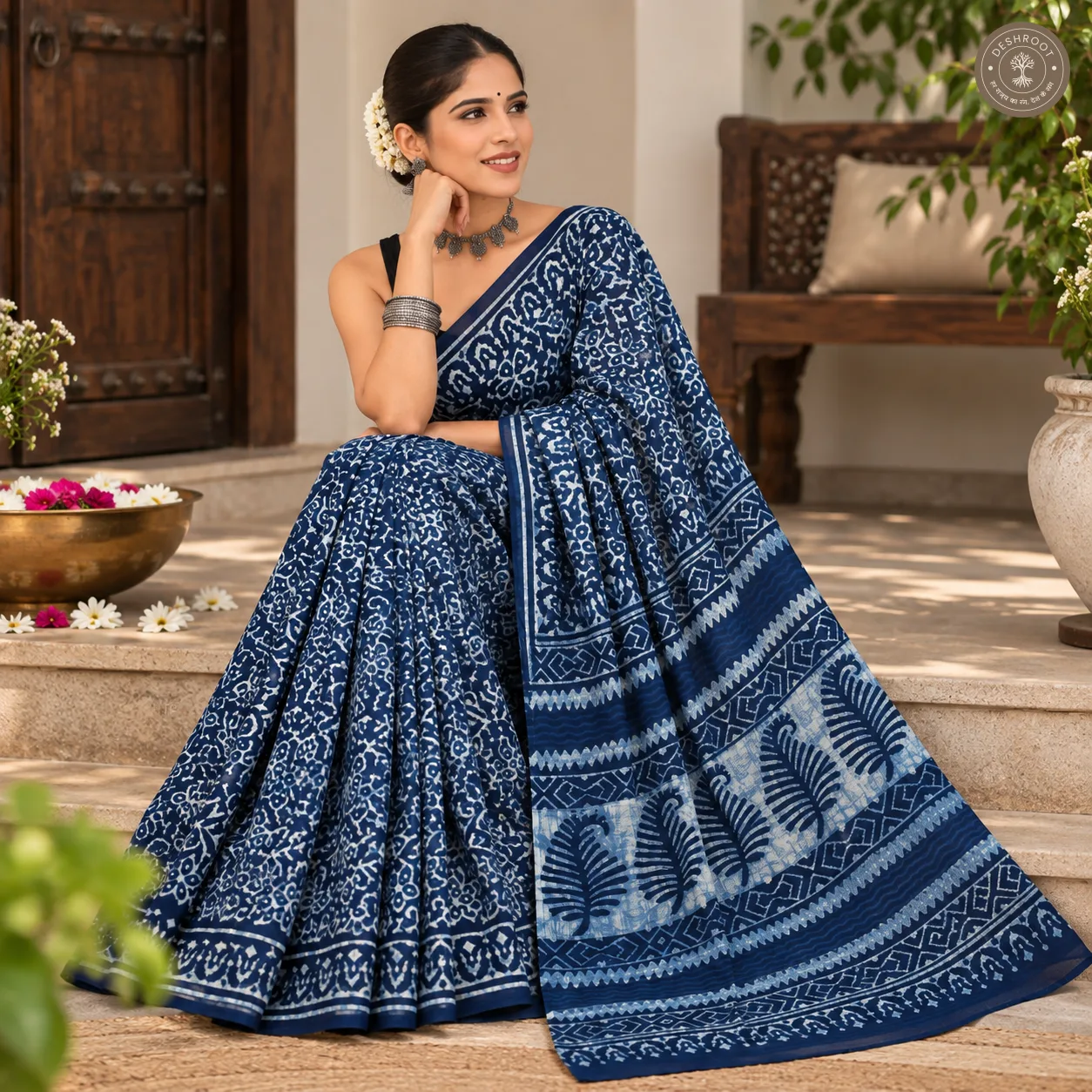 Indigo Vine Hand Block Printed Mal Cotton Saree