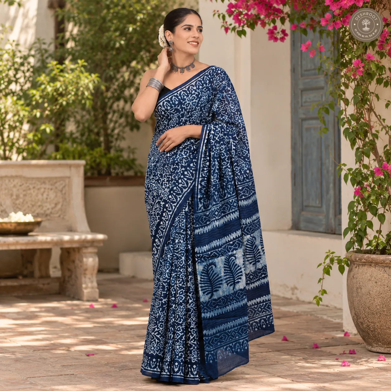 Indigo Vine Hand Block Printed Mal Cotton Saree