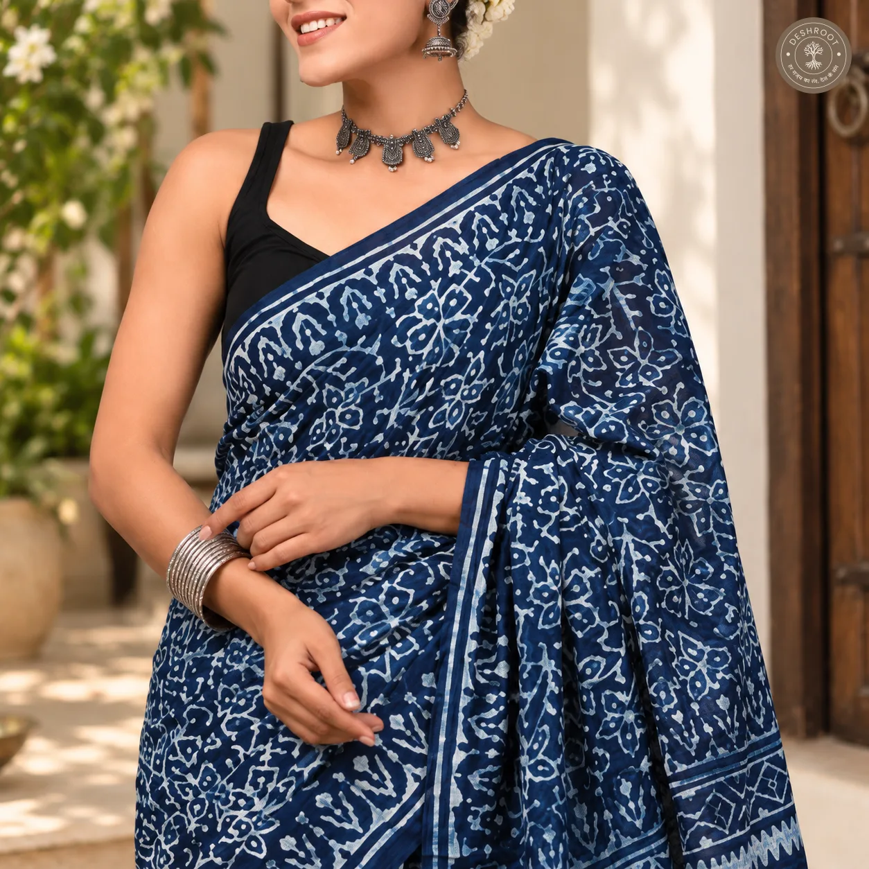 Indigo Vine Hand Block Printed Mal Cotton Saree