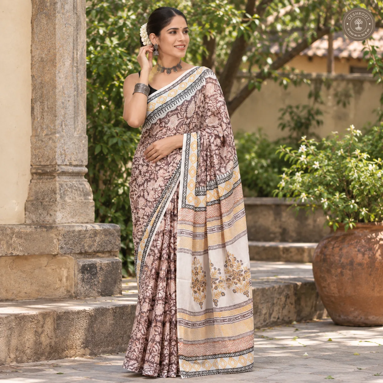 Earthy Floral Hand Block Printed Mal Cotton Saree
