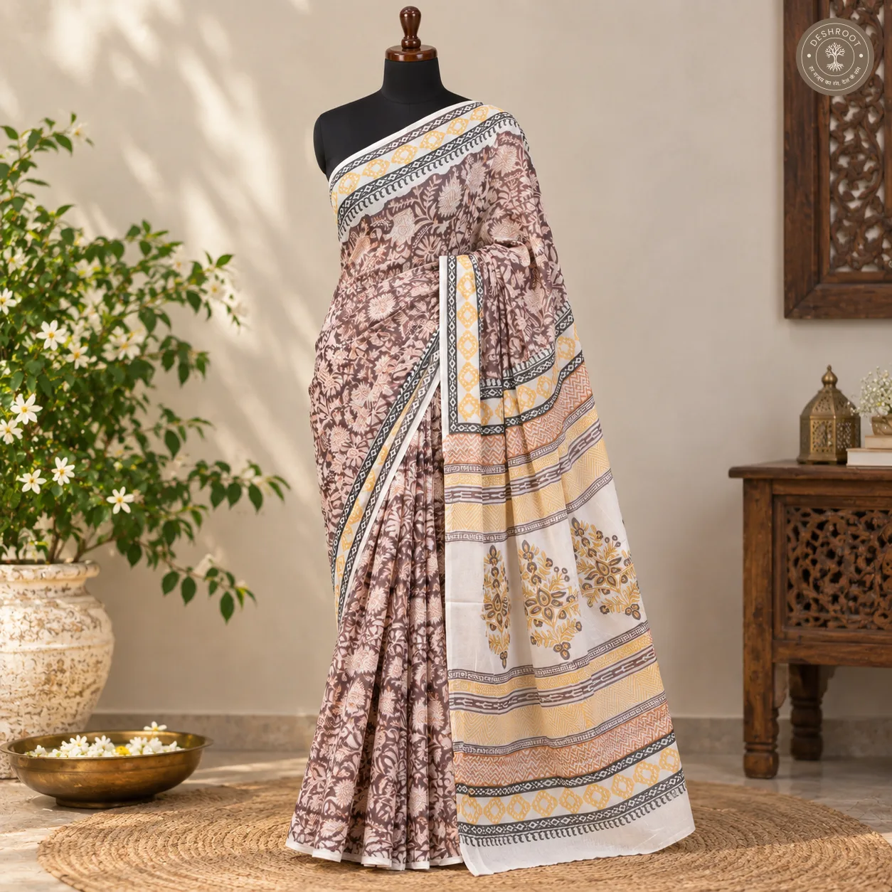 Earthy Floral Hand Block Printed Mal Cotton Saree