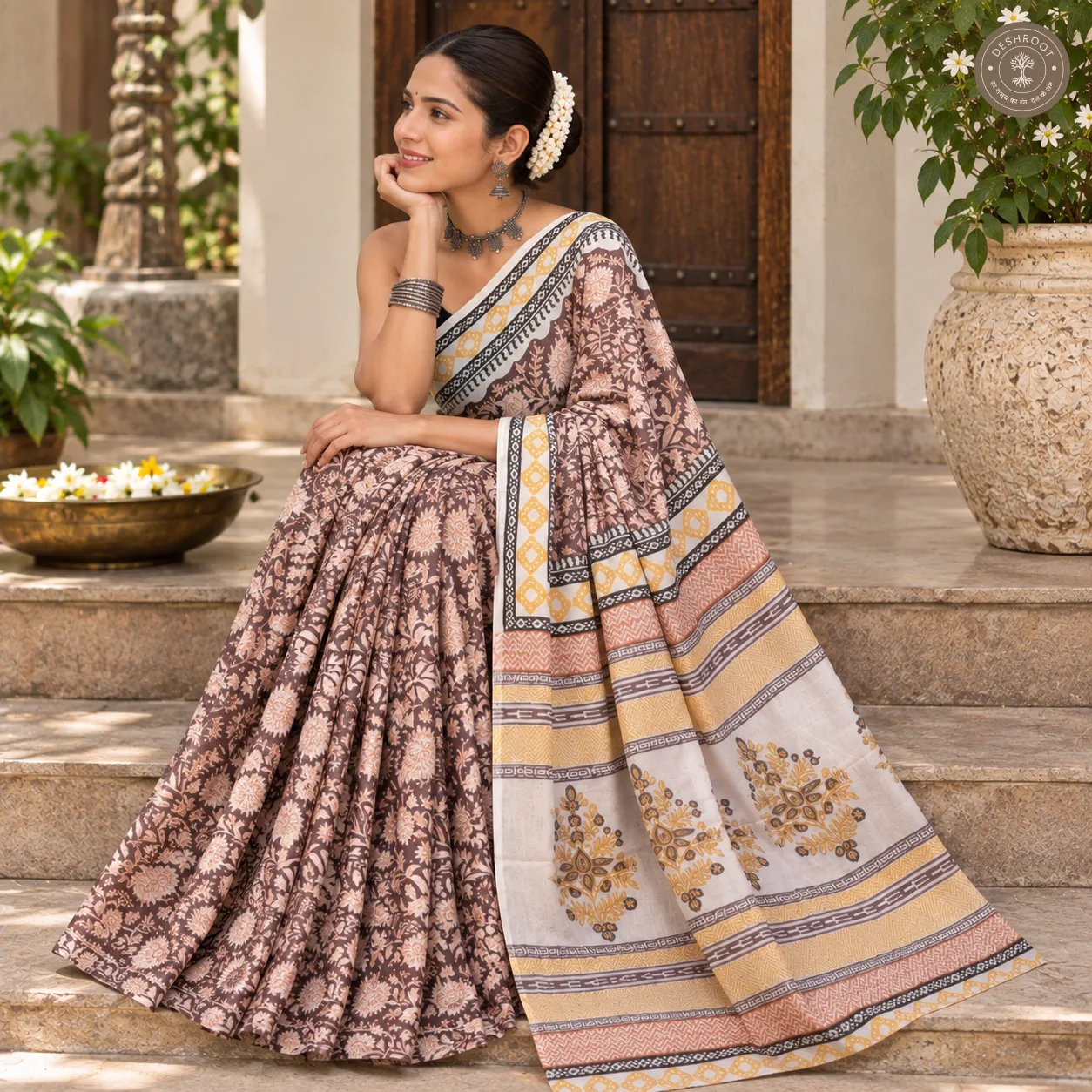 Earthy Floral Hand Block Printed Mal Cotton Saree