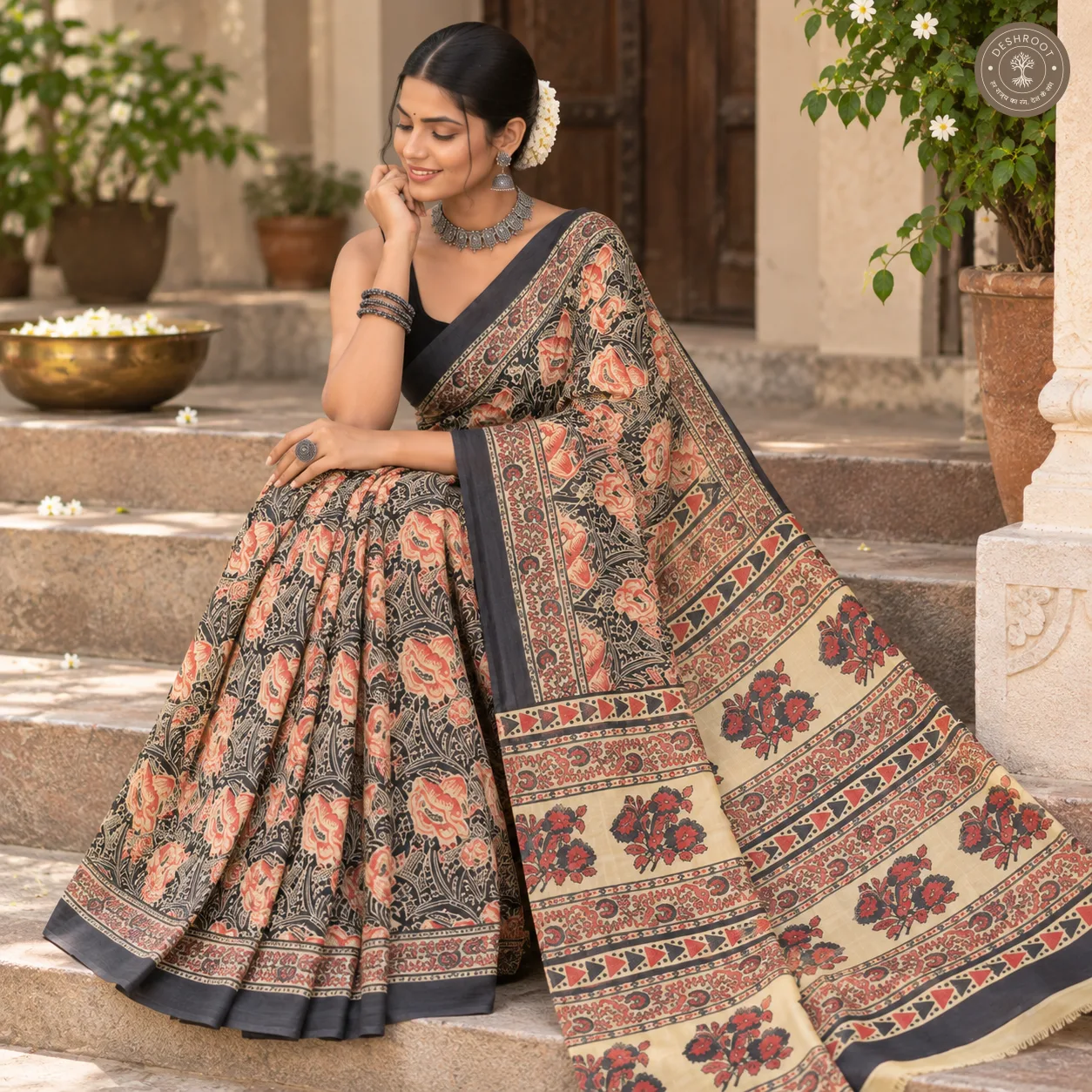 Noir Gulab Hand Block Printed Mal Cotton Saree