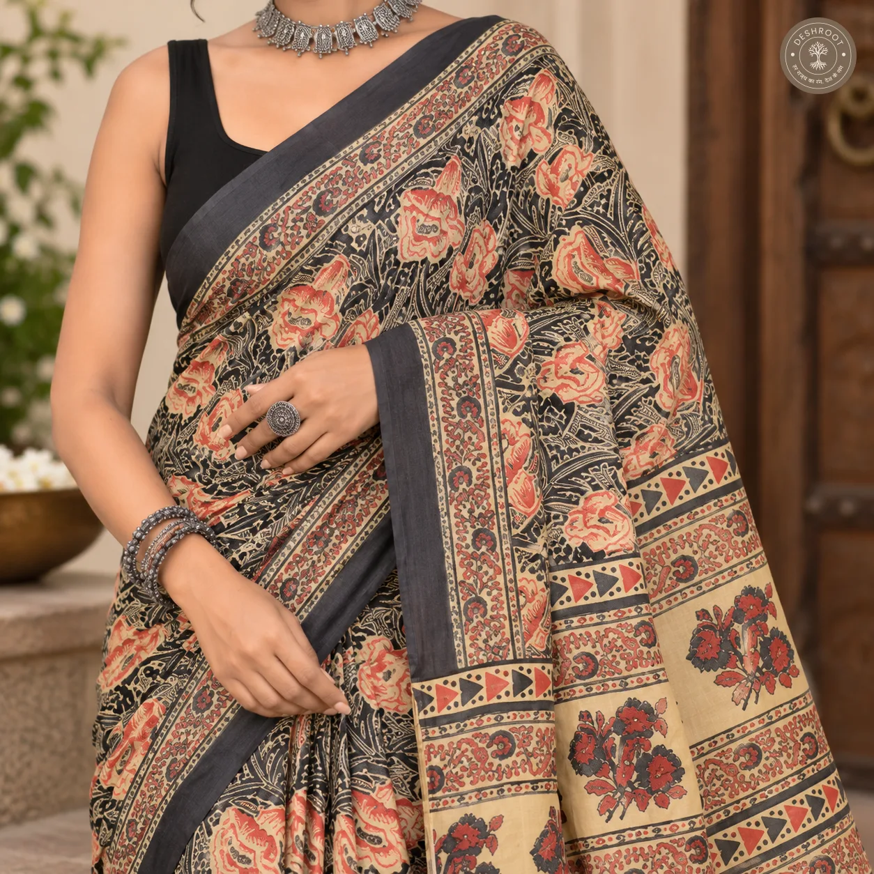 Noir Gulab Hand Block Printed Mal Cotton Saree