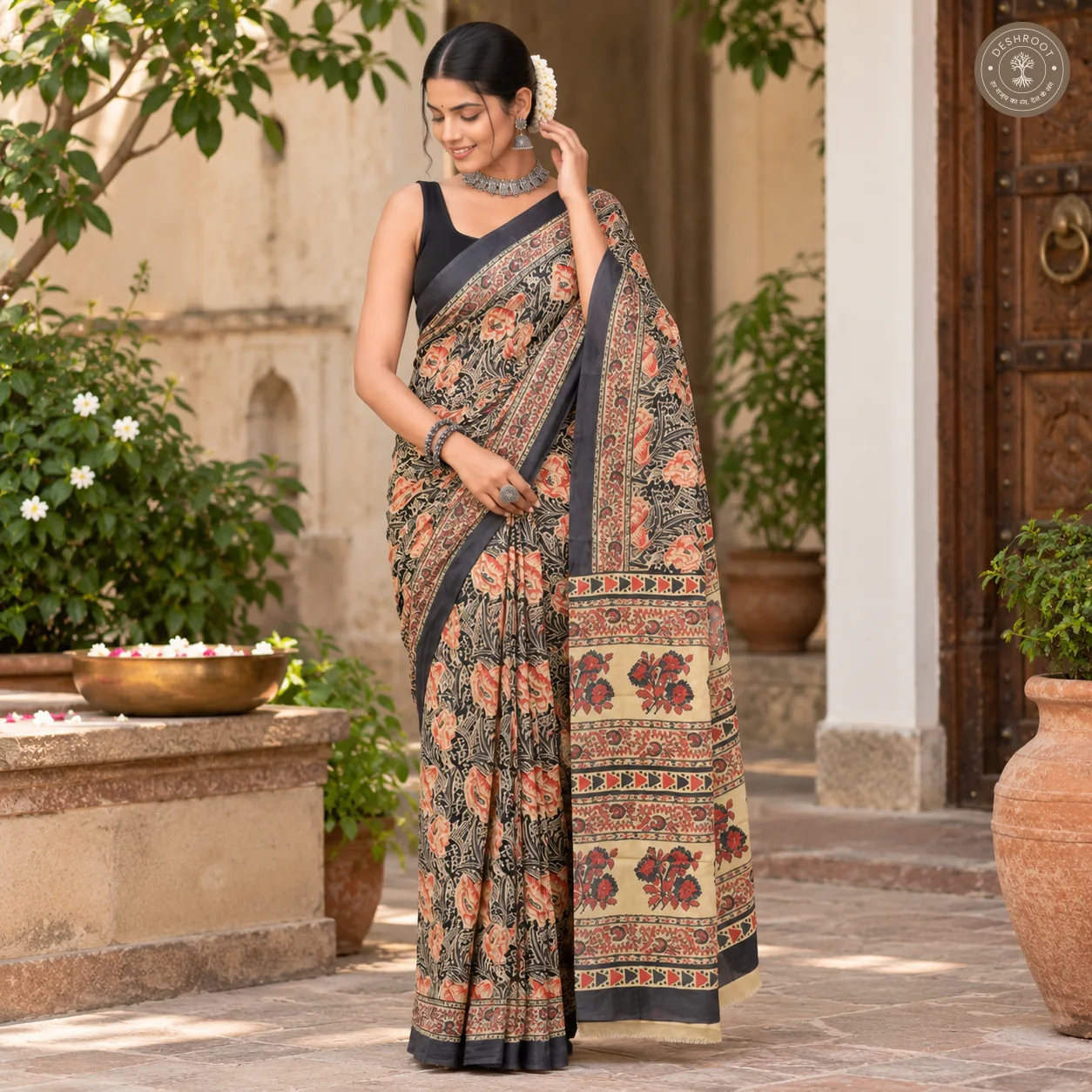 Noir Gulab Hand Block Printed Mal Cotton Saree