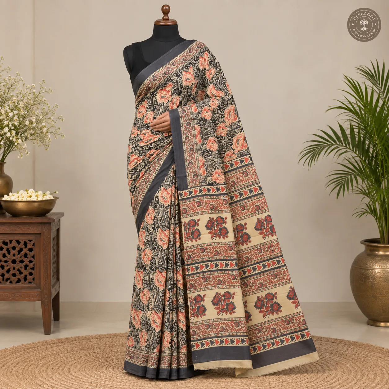 Noir Gulab Hand Block Printed Mal Cotton Saree