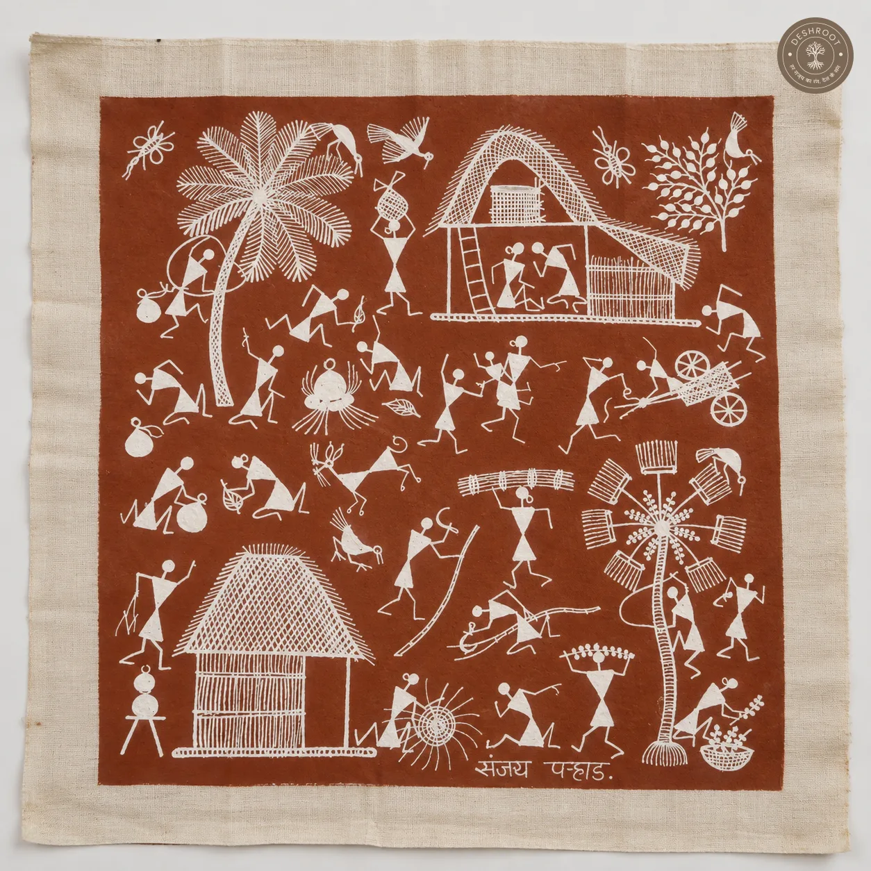 Warli Village Life & Farming Scene – Handmade Painting on Manjarpat Cloth