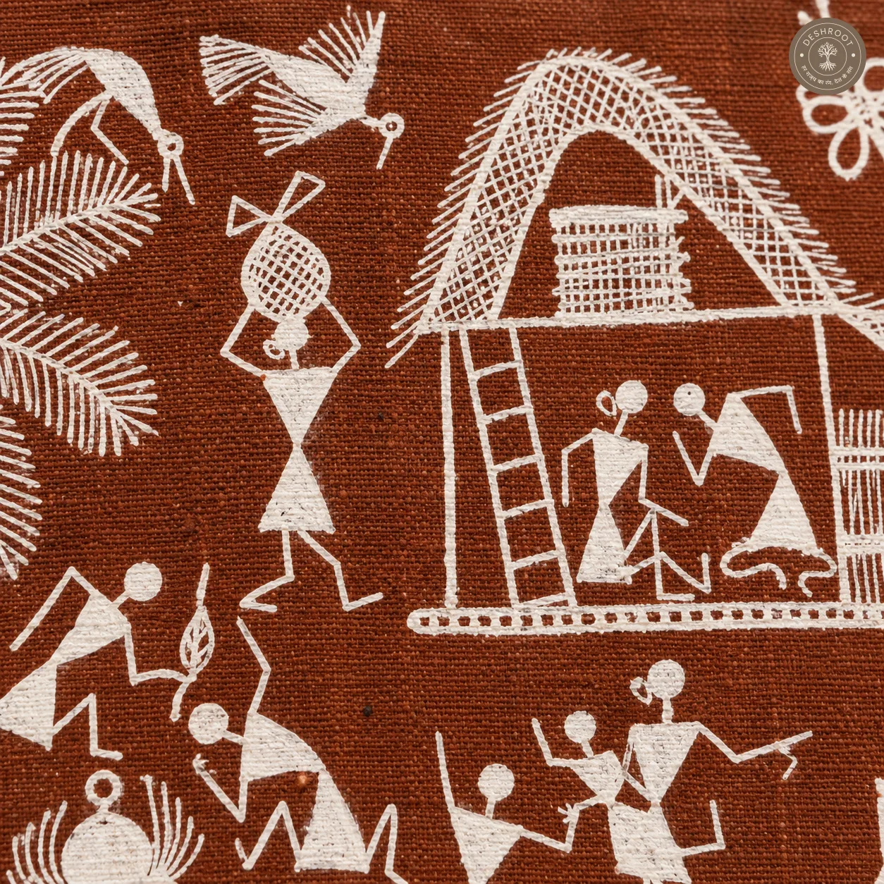 Warli Village Life & Farming Scene – Handmade Painting on Manjarpat Cloth