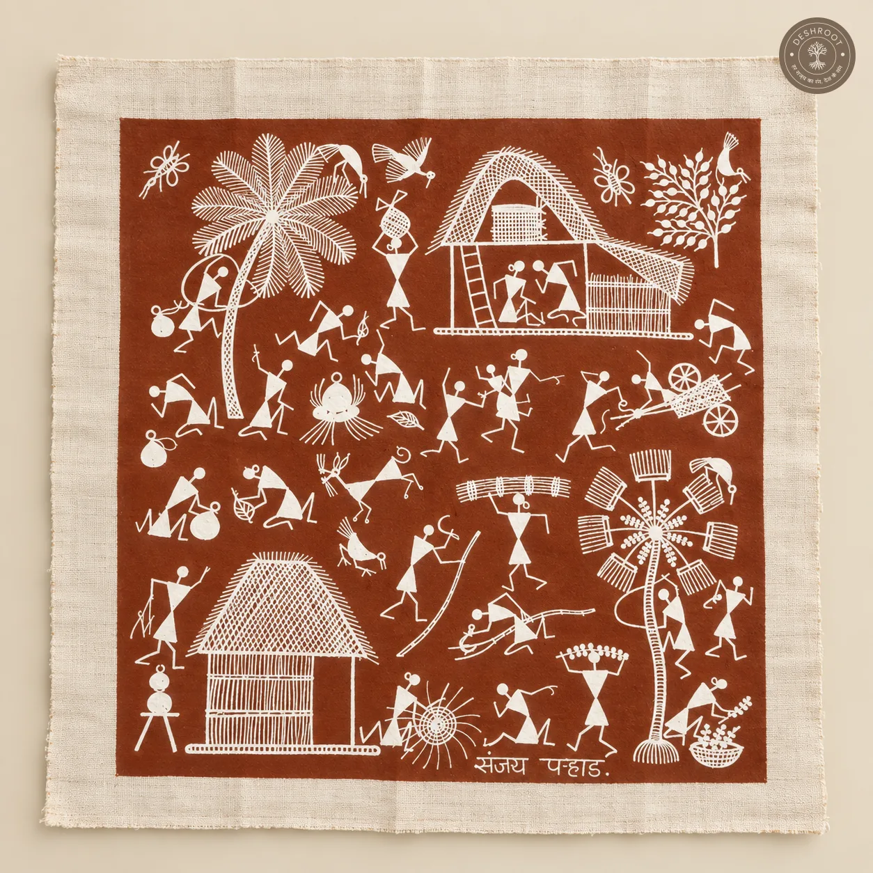 Warli Village Life & Farming Scene – Handmade Painting on Manjarpat Cloth