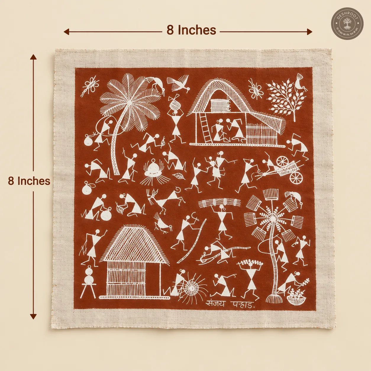 Warli Village Life & Farming Scene – Handmade Painting on Manjarpat Cloth