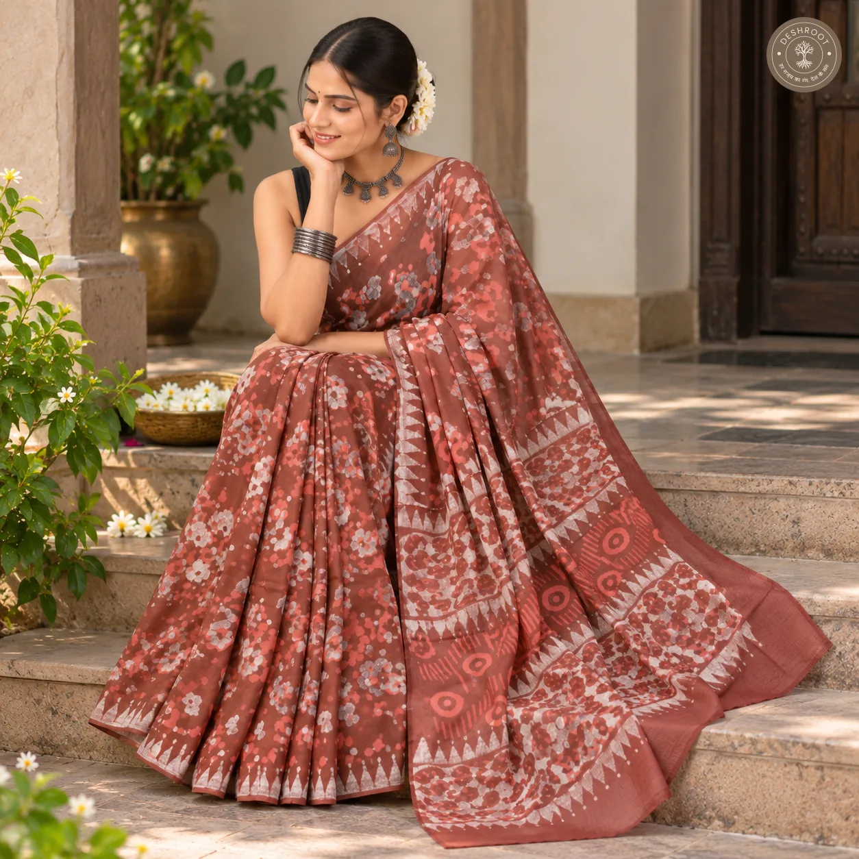 Rust Bloom Batik Hand Block Printed Mal Cotton Saree
