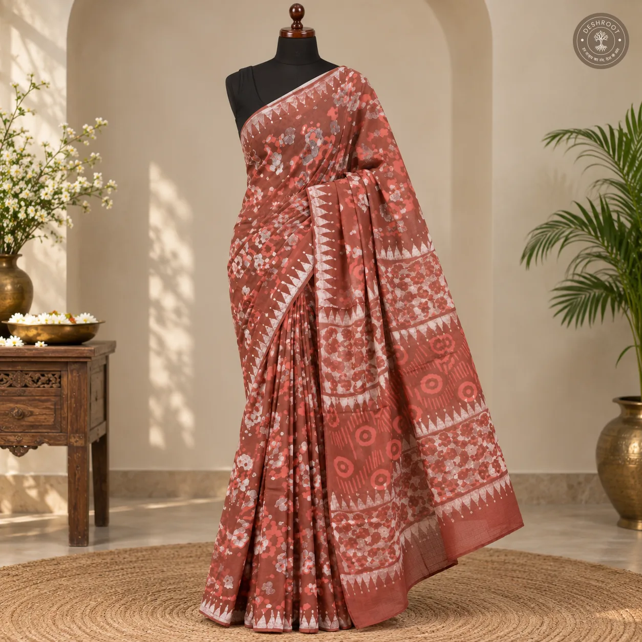 Rust Bloom Batik Hand Block Printed Mal Cotton Saree