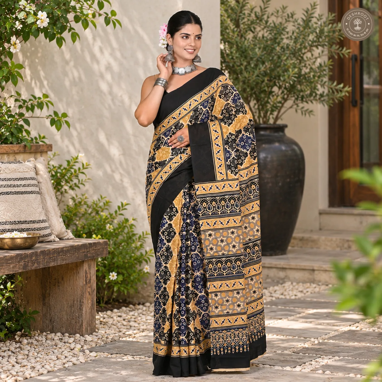 Midnight Mustard Ajrakh-Inspired Hand Block Printed Mal Cotton Saree