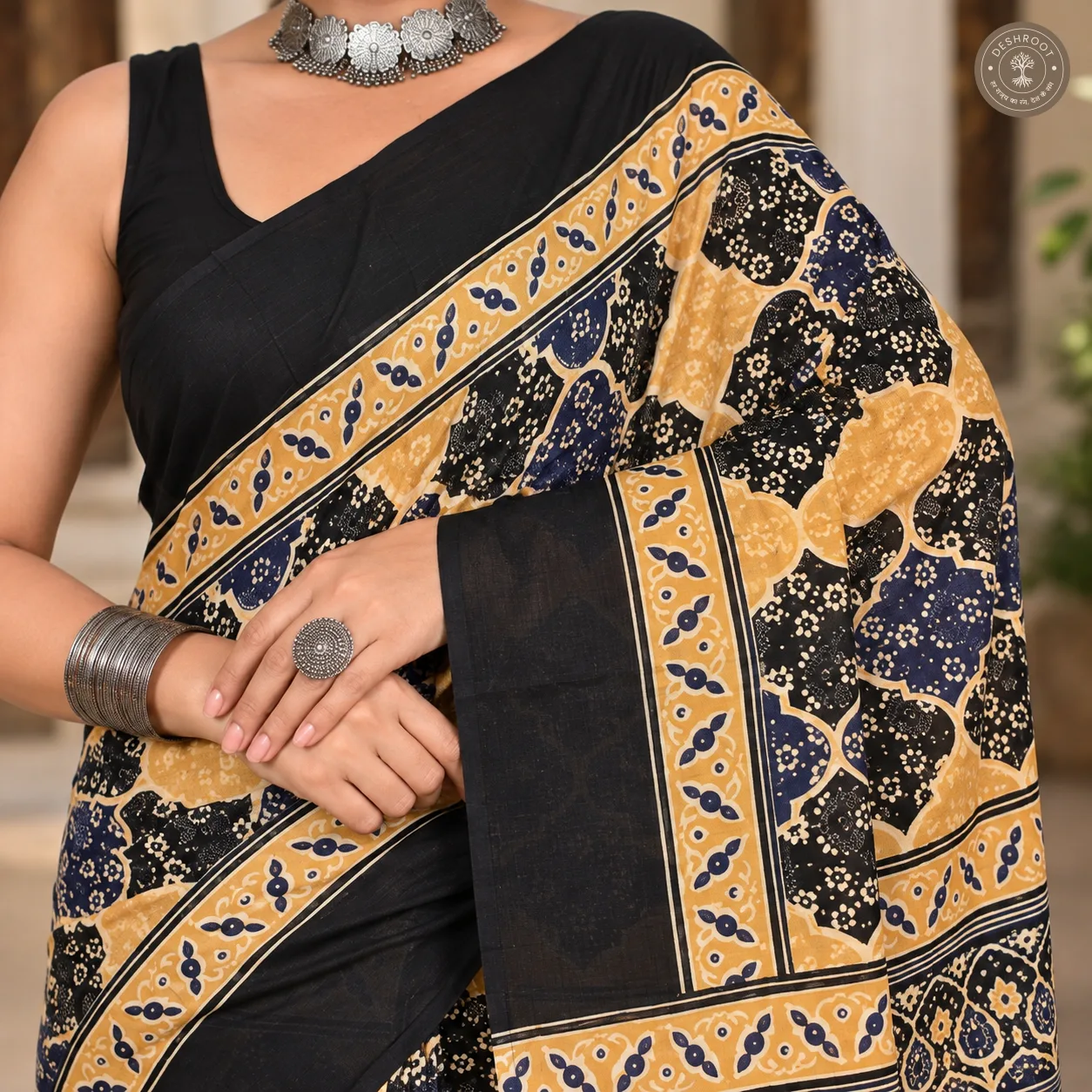 Midnight Mustard Ajrakh-Inspired Hand Block Printed Mal Cotton Saree