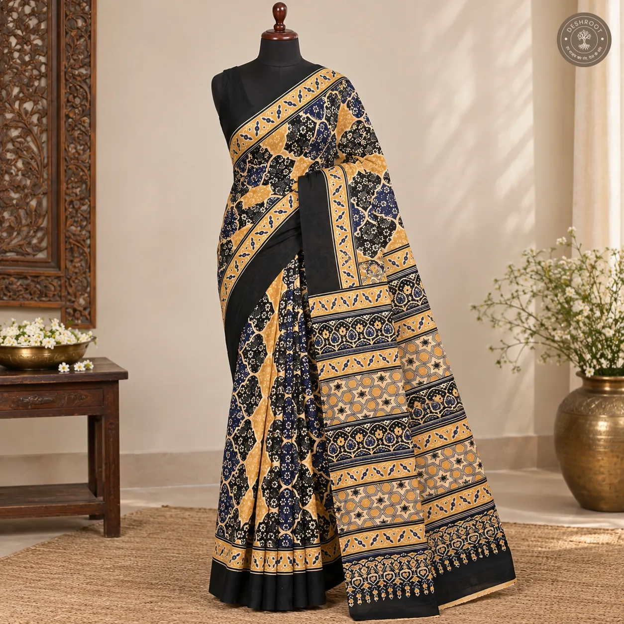 Midnight Mustard Ajrakh-Inspired Hand Block Printed Mal Cotton Saree