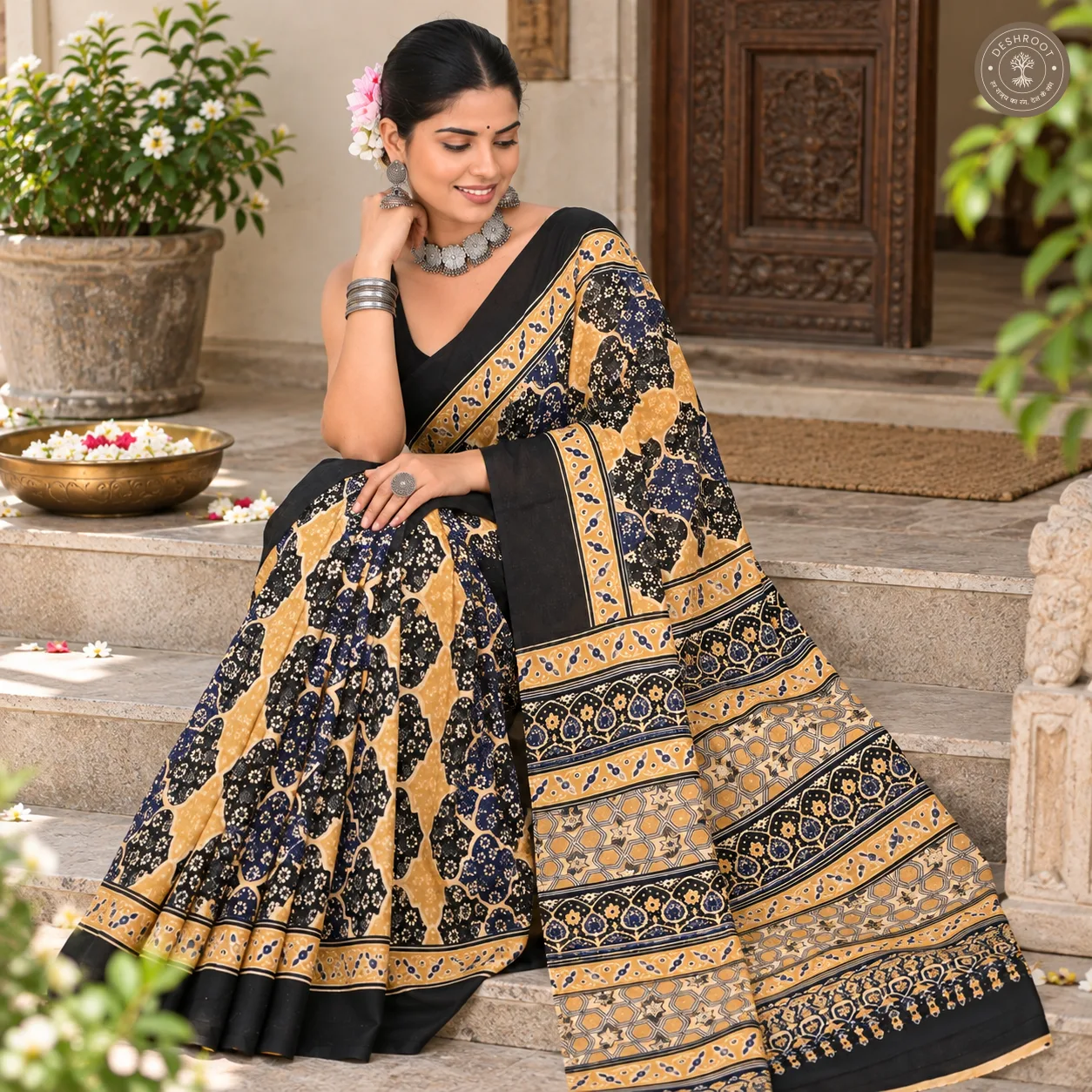 Midnight Mustard Ajrakh-Inspired Hand Block Printed Mal Cotton Saree