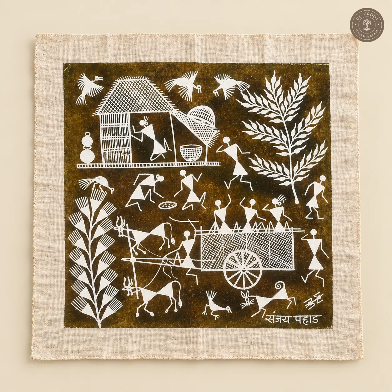 Warli Village Life with Bullock Cart – Handmade Painting on Manjarpat Cloth