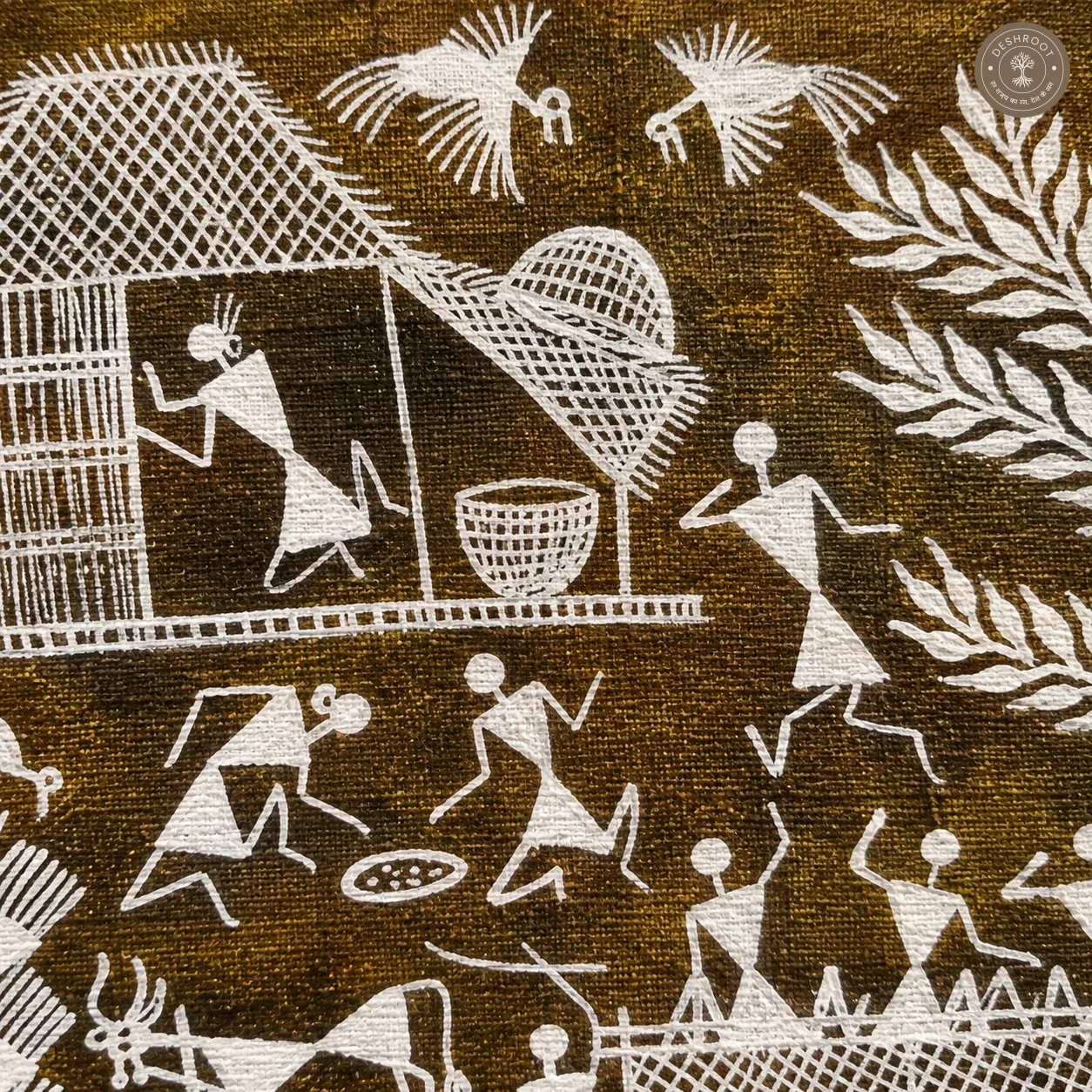 Warli Village Life with Bullock Cart – Handmade Painting on Manjarpat Cloth