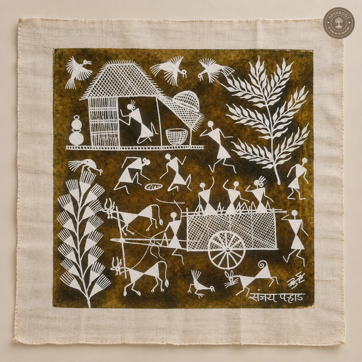 Warli Village Life with Bullock Cart – Handmade Painting on Manjarpat Cloth
